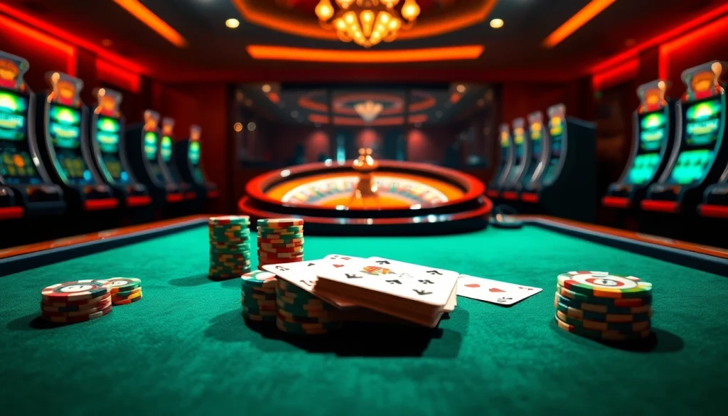 Experience the thrill of link 18win with vibrant poker chips and a roulette wheel in a luxurious casino setting.