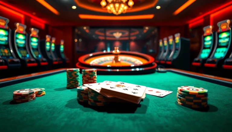 Experience the thrill of link 18win with vibrant poker chips and a roulette wheel in a luxurious casino setting.