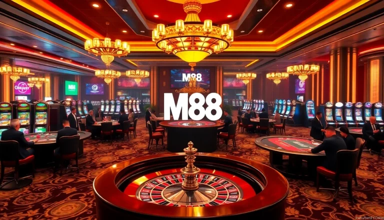 M88 players engaging in thrilling casino games on a luxurious gaming floor.