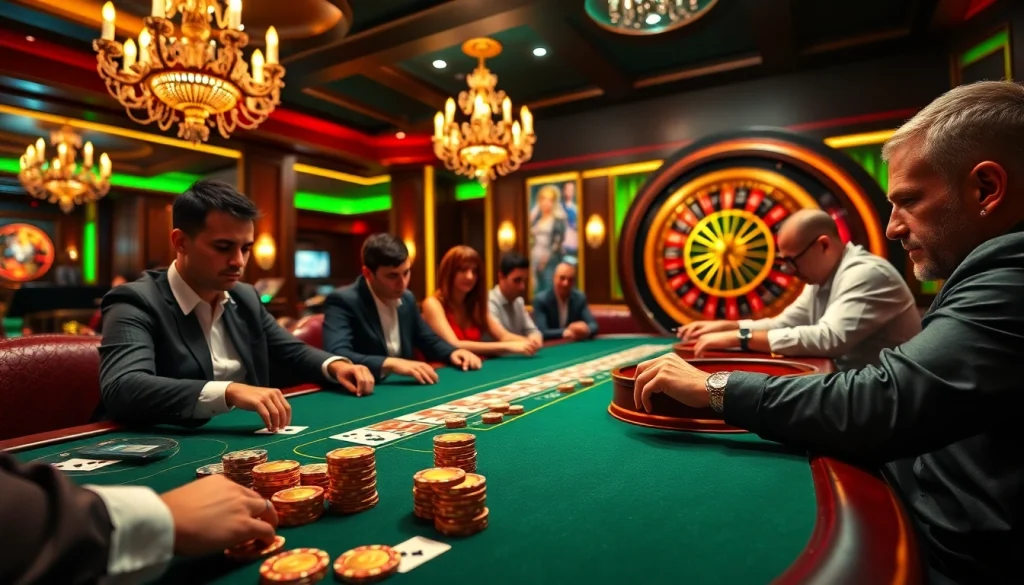 Excited bettors playing at an m88 casino table, capturing the atmosphere of high-stakes gambling.