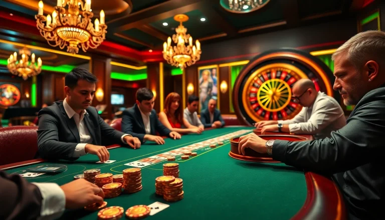 Excited bettors playing at an m88 casino table, capturing the atmosphere of high-stakes gambling.