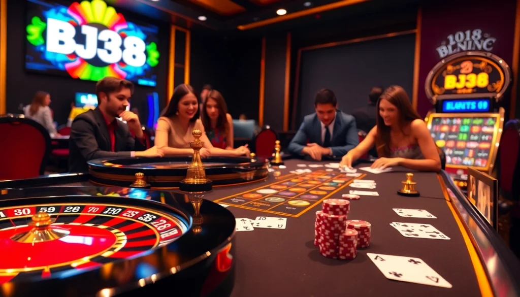 Experience thrilling gameplay at BJ38, featuring exciting casino tables with vibrant colors and high-stakes atmosphere.
