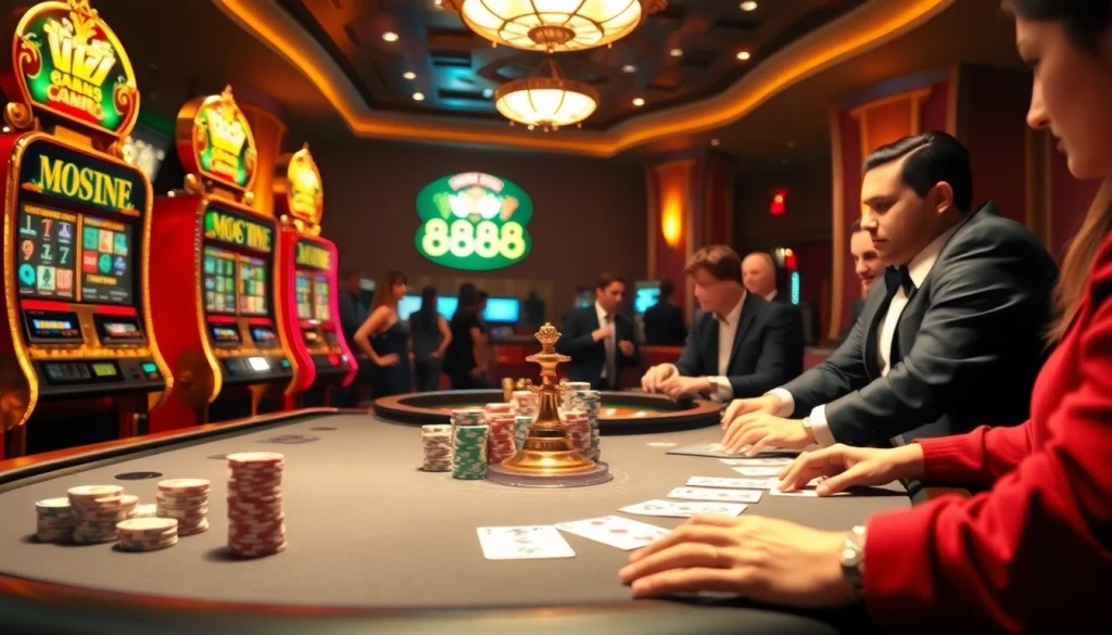 Experience the thrilling atmosphere of u 888 with engaging players at an elegant casino table.