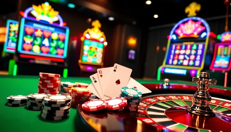 Engaging scene of trang chu 98win displaying vibrant casino elements like poker chips and roulette wheel.
