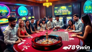 Players enjoying blackjack and roulette at a glamorous casino setting featuring 789win elements.