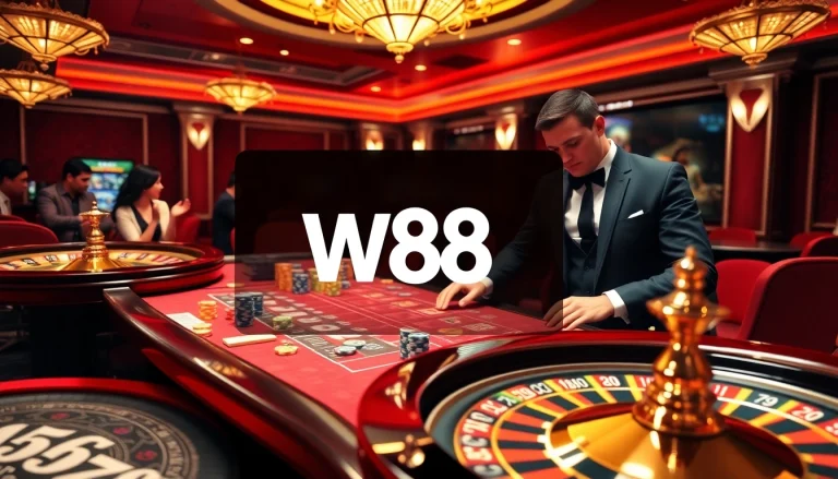 W88 poker table with vibrant chips and engaging dealer in luxurious casino setting.