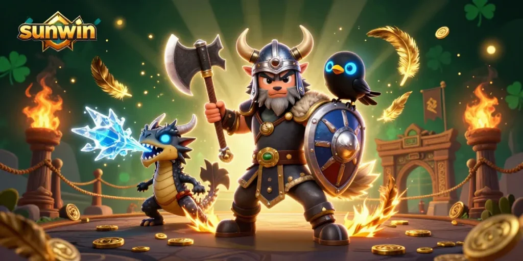 Experience exciting gameplay at sunwin with a Viking warrior and fierce dragon in an engaging casino scene.