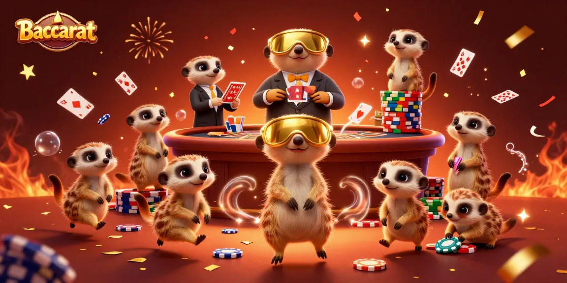 Baccarat scene with meerkats managing a colorful casino, showcasing dynamic gameplay and festive elements.