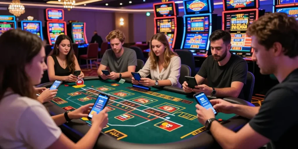 Players enjoying a vibrant credit card casino experience, engaging with games and using cards for deposits.